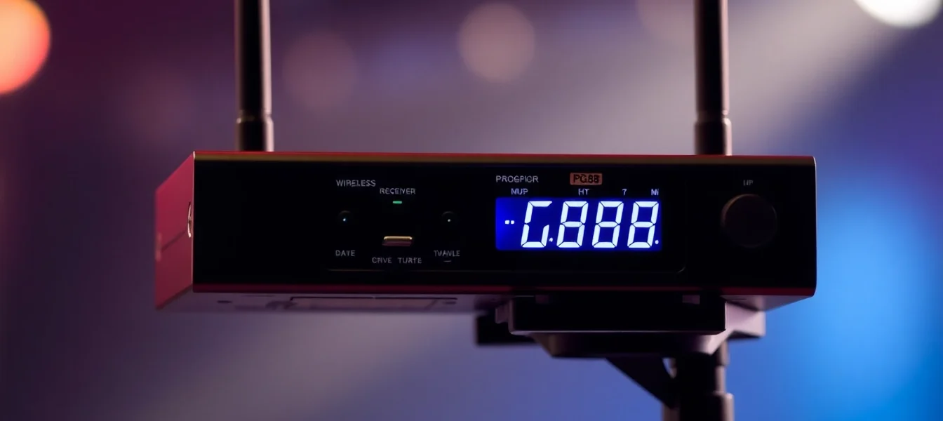 The PG88 wireless microphone receiver with LED indicators and rugged design, ideal for live performances and sound setups for professionals.