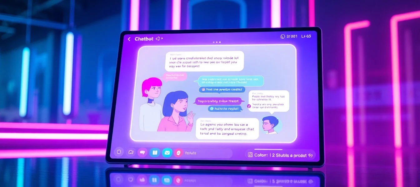 Futuristic chatbot interface with diverse AI characters engaging in conversation on a modern screen, with neon accents and a high-tech environment.