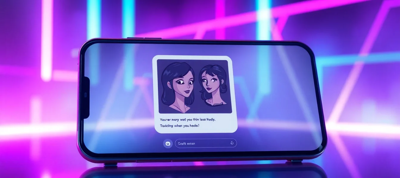 Futuristic digital scene of an AI chat interface with alluring characters on a neon-lit device screen.