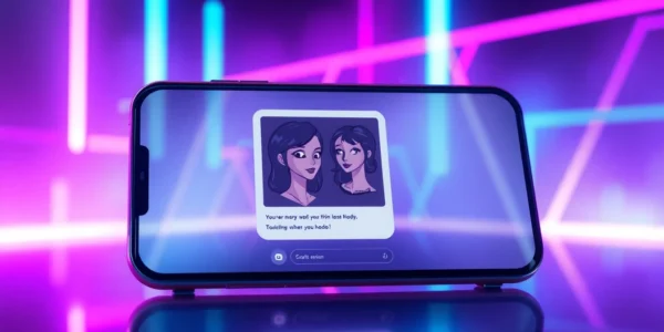 Futuristic digital scene of an AI chat interface with alluring characters on a neon-lit device screen.