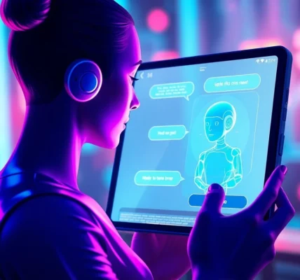 Futuristic AI chatbot interface on a glowing screen with a digital character engaging in a conversation, vibrant neon colors and high-tech environment.
