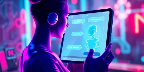 Futuristic AI chatbot interface on a glowing screen with a digital character engaging in a conversation, vibrant neon colors and high-tech environment.