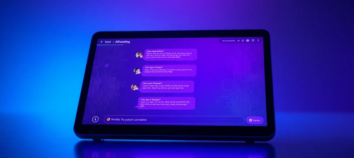 Futuristic tablet displaying a vibrant AI chat interface with an intimate, digital atmosphere.