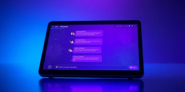Futuristic tablet displaying a vibrant AI chat interface with an intimate, digital atmosphere.