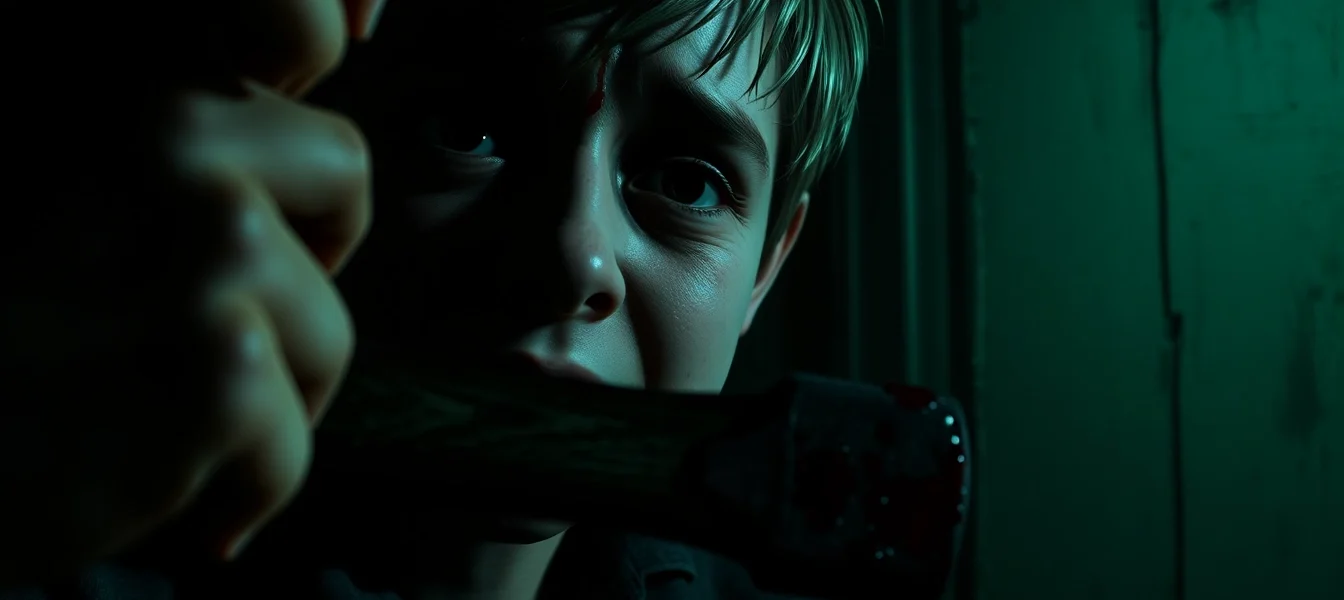 Harvey's distressed face with a bloody hammer in a dark, unsettling setting, highlighting the game's disturbing moral choices.