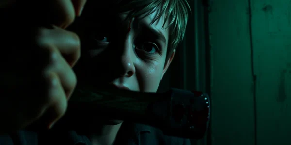 Harvey's distressed face with a bloody hammer in a dark, unsettling setting, highlighting the game's disturbing moral choices.