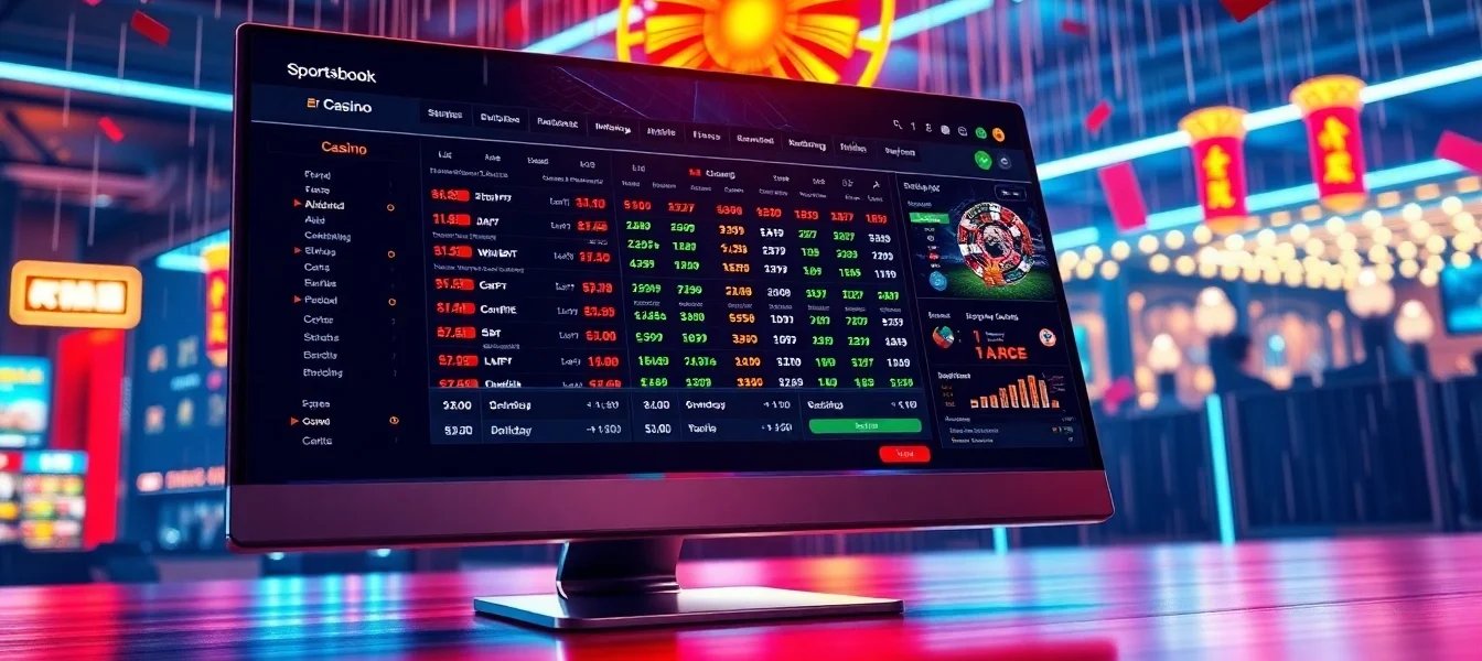 An illustration of an online sportsbook and casino platform with bright colors and dynamic betting options, emphasizing excitement and immersion.