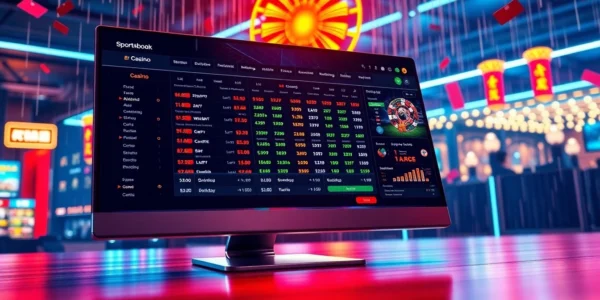 An illustration of an online sportsbook and casino platform with bright colors and dynamic betting options, emphasizing excitement and immersion.