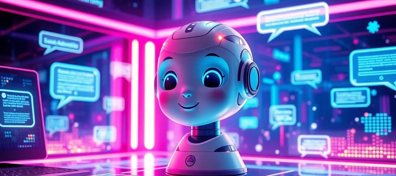 A futuristic AI chatbot interface with a human-like AI character surrounded by holographic data streams in a high-tech environment.