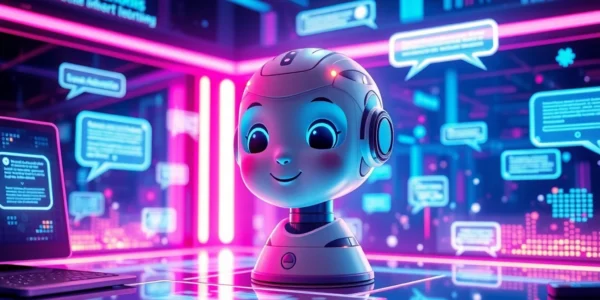 A futuristic AI chatbot interface with a human-like AI character surrounded by holographic data streams in a high-tech environment.
