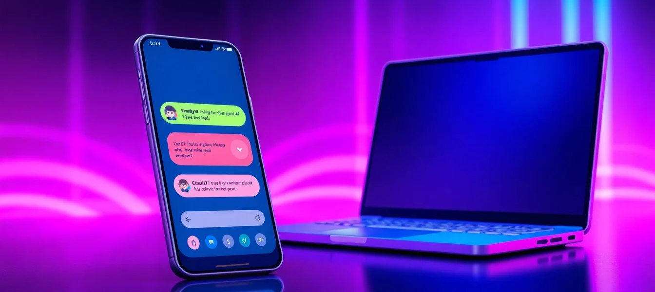 An illustration of a futuristic chat interface on a mobile device and desktop screen with vibrant neon lighting and a cyberpunk aesthetic.