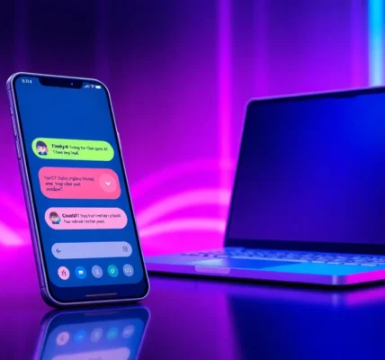 An illustration of a futuristic chat interface on a mobile device and desktop screen with vibrant neon lighting and a cyberpunk aesthetic.