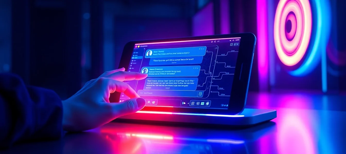 Futuristic digital chat interface with neon accents and holographic data streams.
