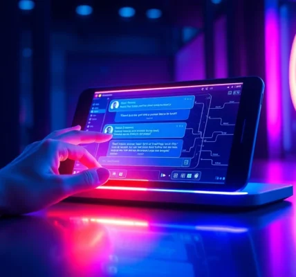Futuristic digital chat interface with neon accents and holographic data streams.