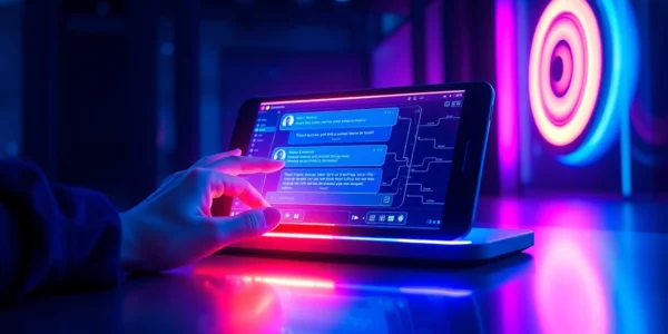 Futuristic digital chat interface with neon accents and holographic data streams.