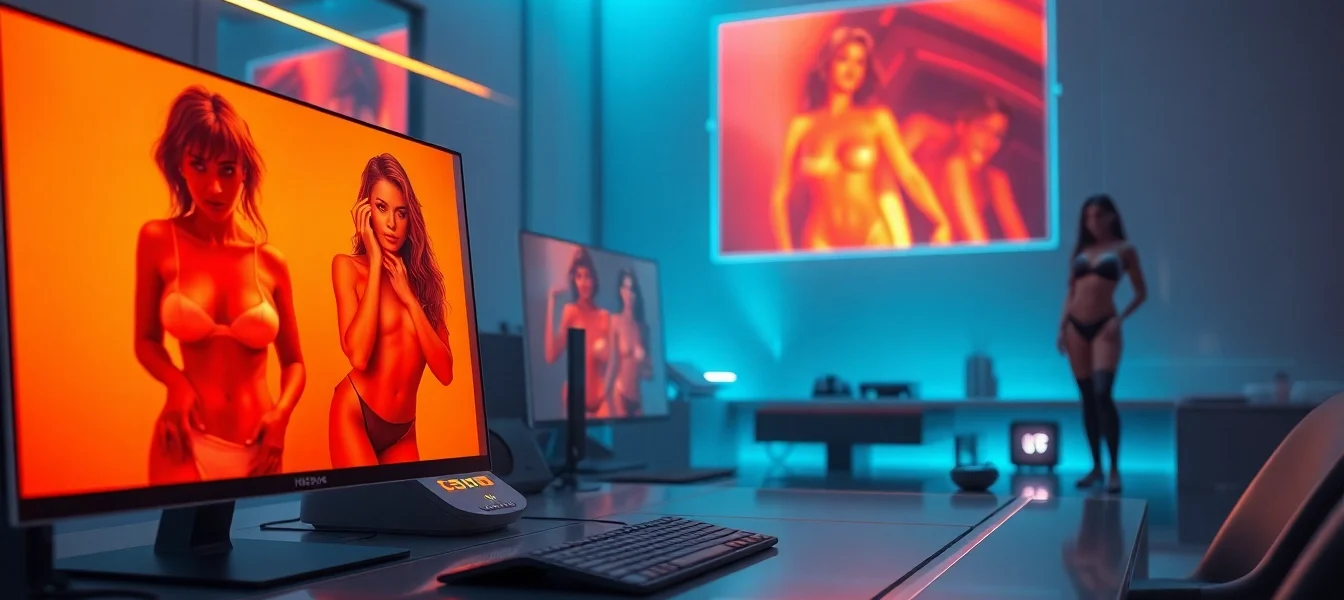 Futuristic AI content creation interface with holographic images and videos of digital characters in an advanced workspace.