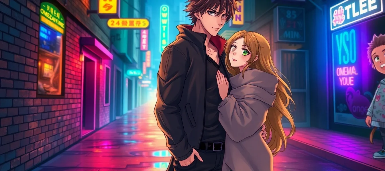 An illustration of an alpha and omega character in a neon-lit urban alley at night, capturing a tense yet intimate moment.