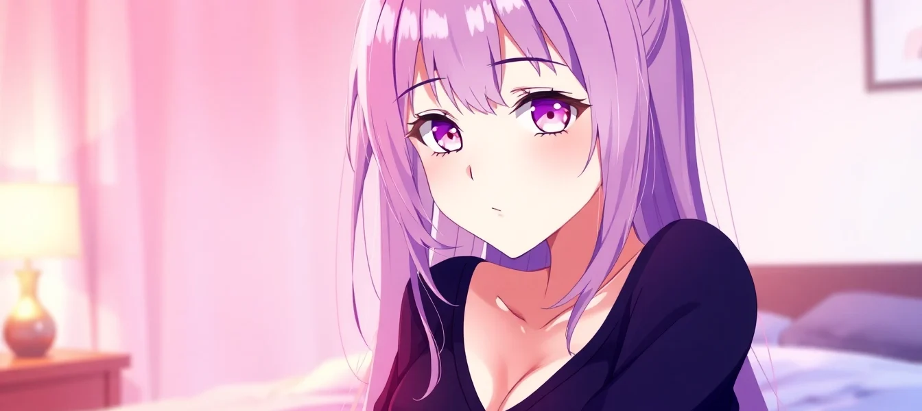 An anime-inspired character in a cozy bedroom setting with warm lighting and inviting colors.