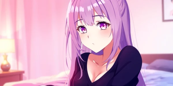 An anime-inspired character in a cozy bedroom setting with warm lighting and inviting colors.