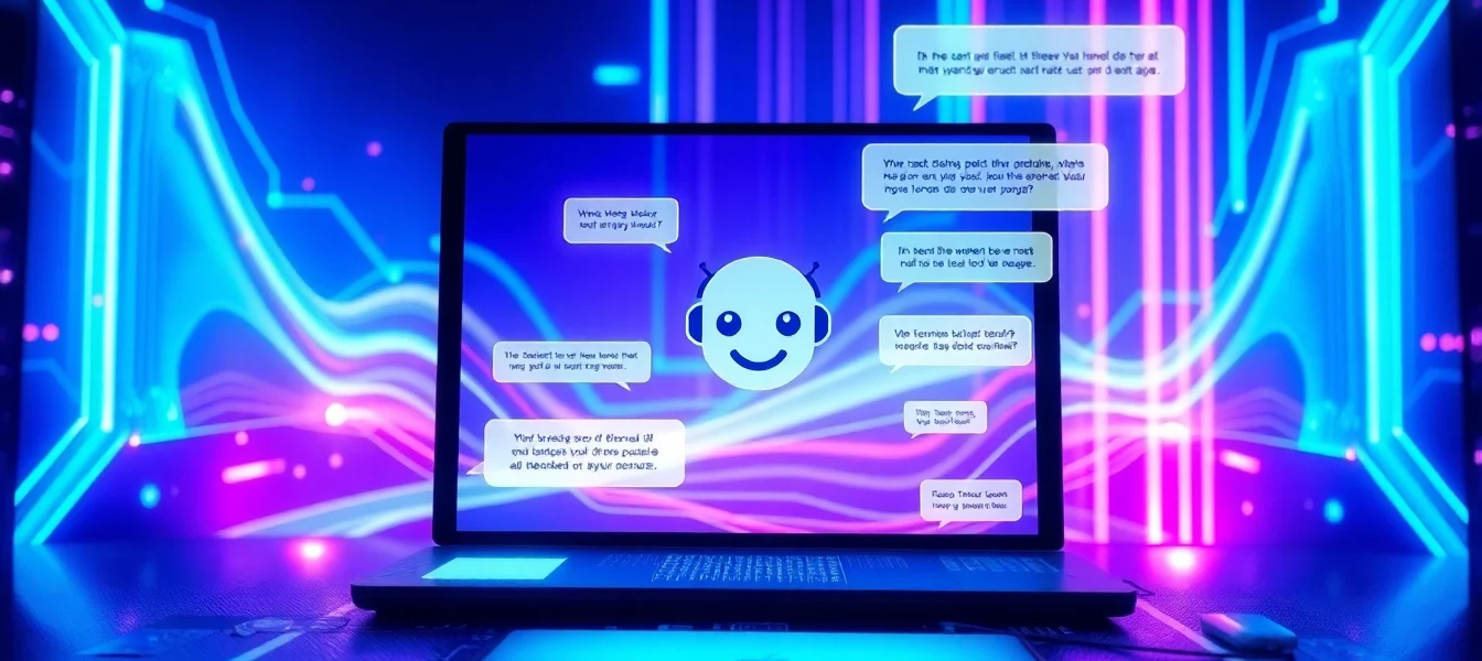 Futuristic AI chatbot interface with holographic conversation bubbles in a neon-lit digital environment.