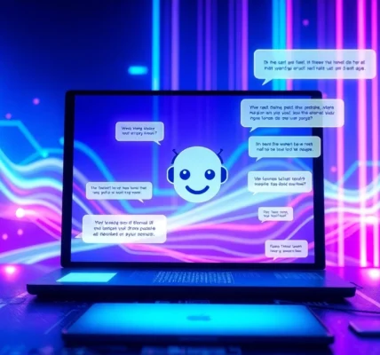 Futuristic AI chatbot interface with holographic conversation bubbles in a neon-lit digital environment.