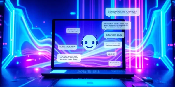 Futuristic AI chatbot interface with holographic conversation bubbles in a neon-lit digital environment.