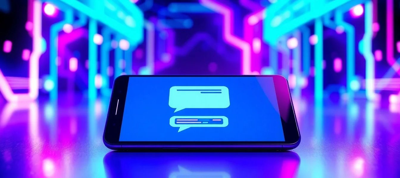 Futuristic AI chatbot interface on a high-tech device with holographic data streams and neon colors.