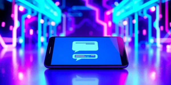 Futuristic AI chatbot interface on a high-tech device with holographic data streams and neon colors.