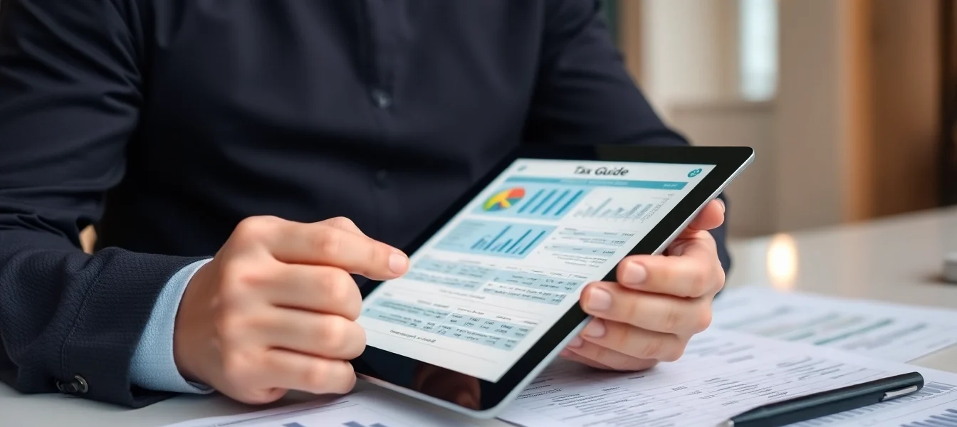 A financial expert analyzing a comprehensive tax guide with charts and documents in a modern office
