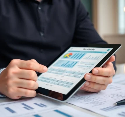 A financial expert analyzing a comprehensive tax guide with charts and documents in a modern office