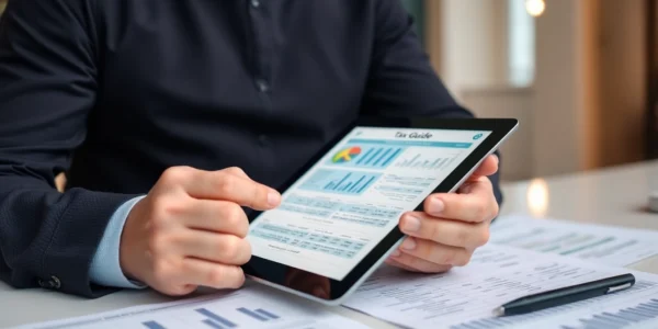 A financial expert analyzing a comprehensive tax guide with charts and documents in a modern office