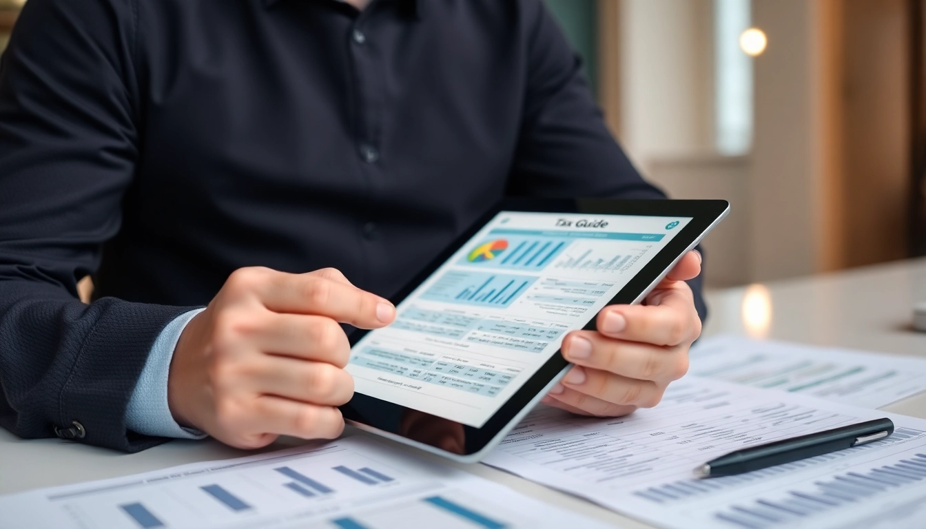 A financial expert analyzing a comprehensive tax guide with charts and documents in a modern office