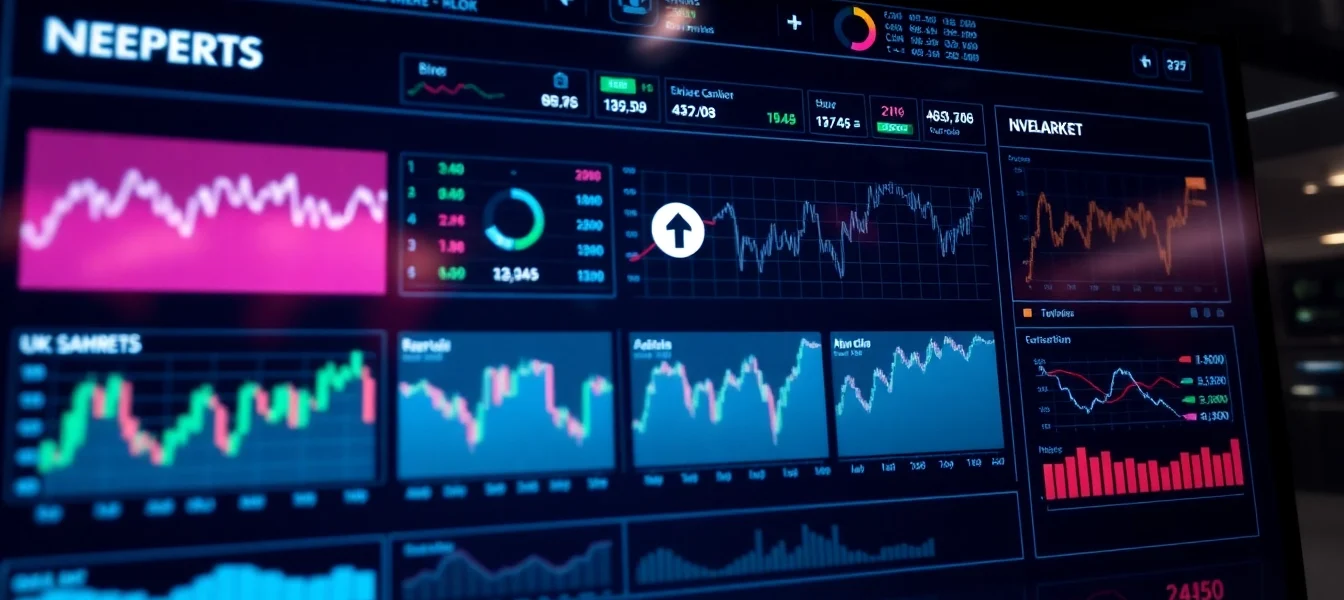 UK Stock Market News updates with financial charts and data analytics showing market trends
