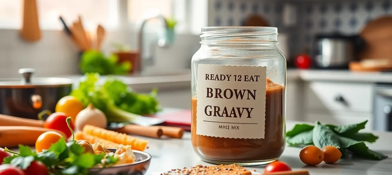 Close-up of a jar of Ready to Eat Brown Gravy Mix being prepared with fresh spices and cooking tools