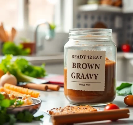 Close-up of a jar of Ready to Eat Brown Gravy Mix being prepared with fresh spices and cooking tools
