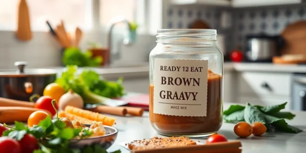 Close-up of a jar of Ready to Eat Brown Gravy Mix being prepared with fresh spices and cooking tools