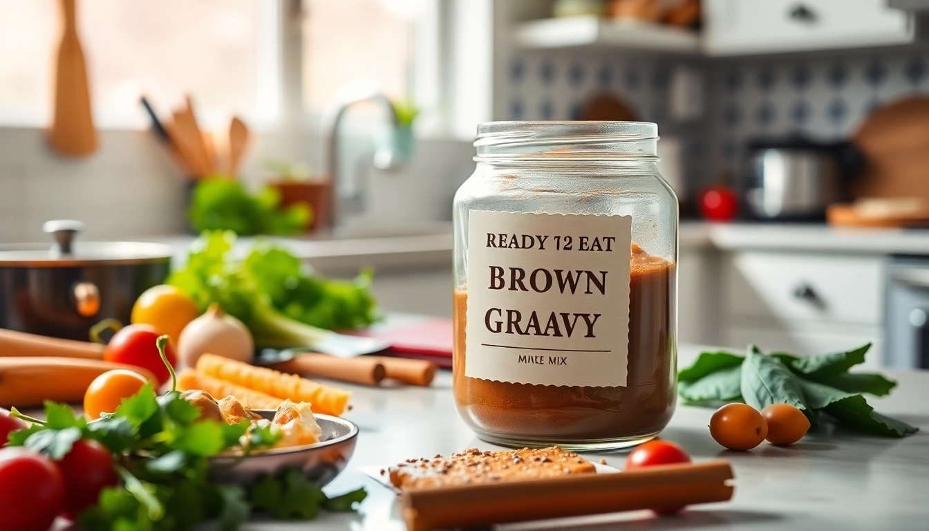 Close-up of a jar of Ready to Eat Brown Gravy Mix being prepared with fresh spices and cooking tools