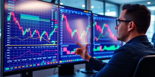 Trading view platform displayed on a screen with detailed financial charts and trading